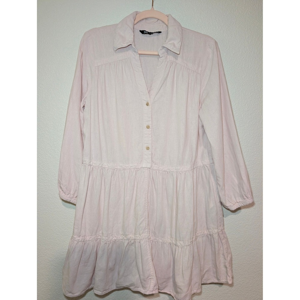 Zara Linen Blend Mini Dress Womens Medium Pink Good Tiered Long Sleeve Smock